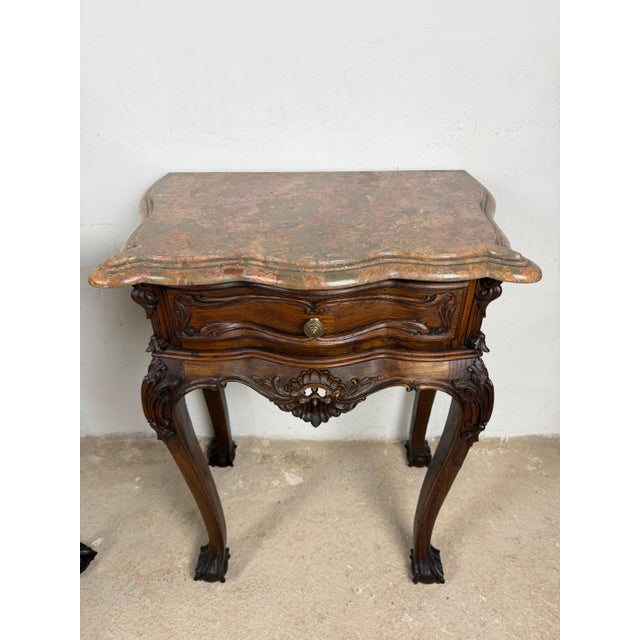 Pair of French Louis XV Style Nightstands with Marble Tops For Sale - Image 14 of 15