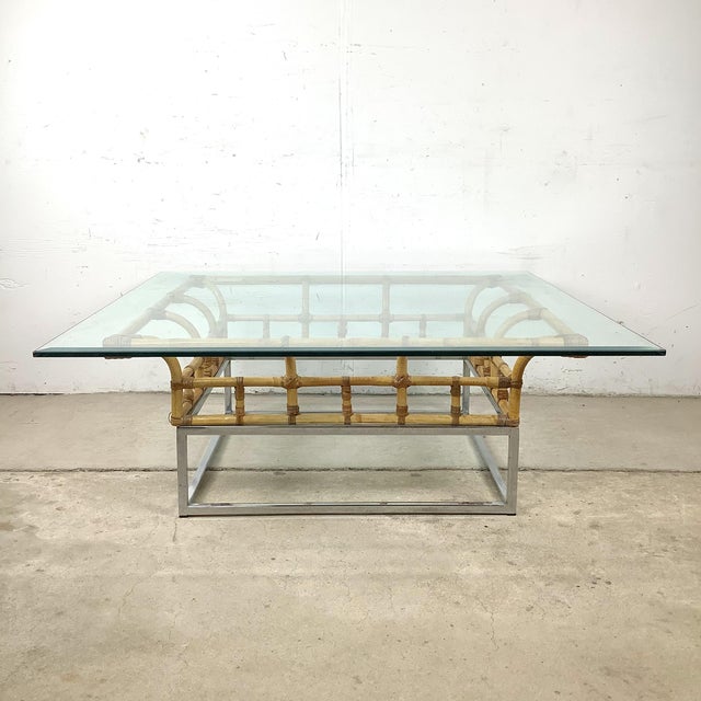 Hollywood Regency 1970s Hollywood Regency Bamboo and Chrome Square Glass Coffee Table For Sale - Image 3 of 18