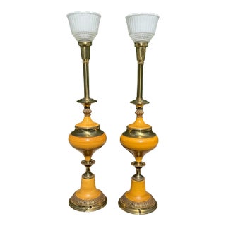 1970s Stiffel Torch Table Lamps, Brass and Enamel- A Pair For Sale
