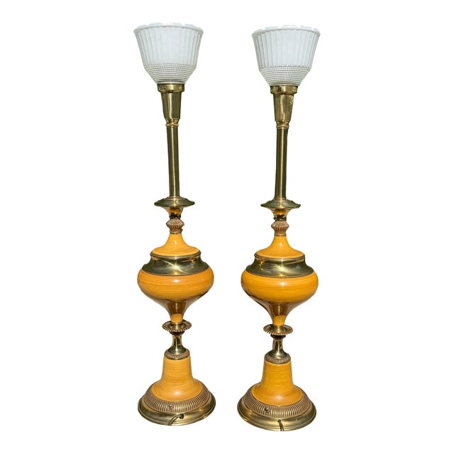 1970s Stiffel Torch Table Lamps, Brass and Enamel- A Pair For Sale