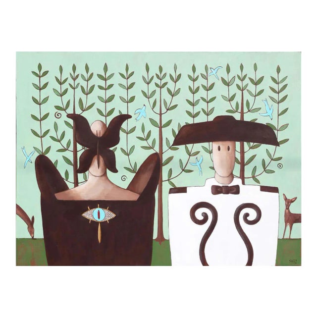 2021 "Zie and Xe" Green Toned Portrait Painting of a Pair of Figures in a Forest by Scott Woodard For Sale