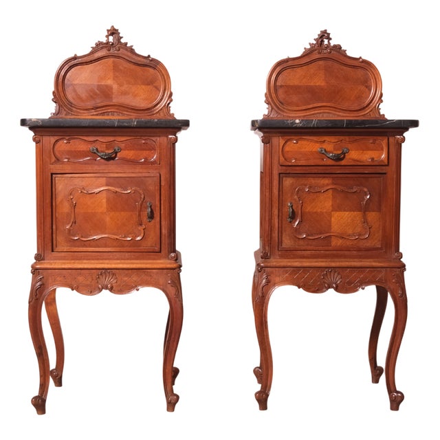 Louis XV Style Bedside Tables with Marble Tops, 1940s, Set of 2 For Sale