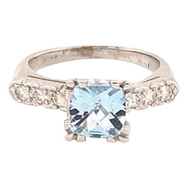 Diamond Aquamarine Ring 14k White Gold 1.70 TCW Women Certified For Sale