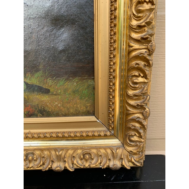 Wood Antique Country Landscape With Three Ladies in a Carved Giltwood Frame For Sale - Image 7 of 17