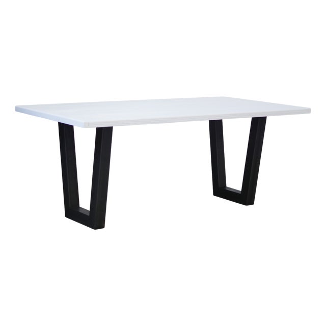 Handcrafted White Lacquered Brushed Fir Table with Iron Legs For Sale
