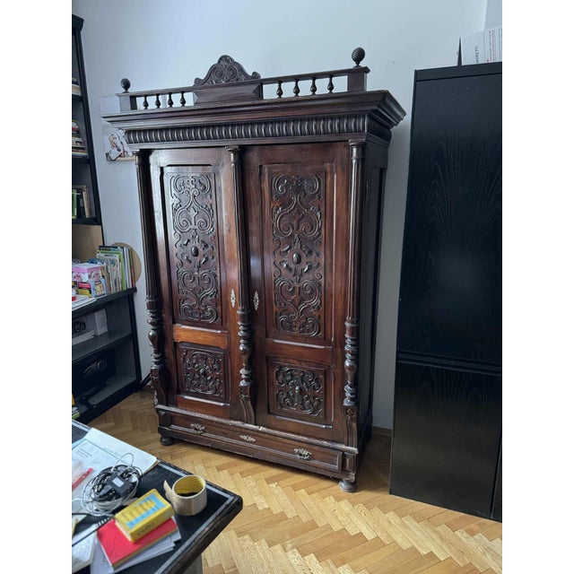 Antique Style Baroque Revival Carved Oak Wardrobe For Sale - Image 3 of 7