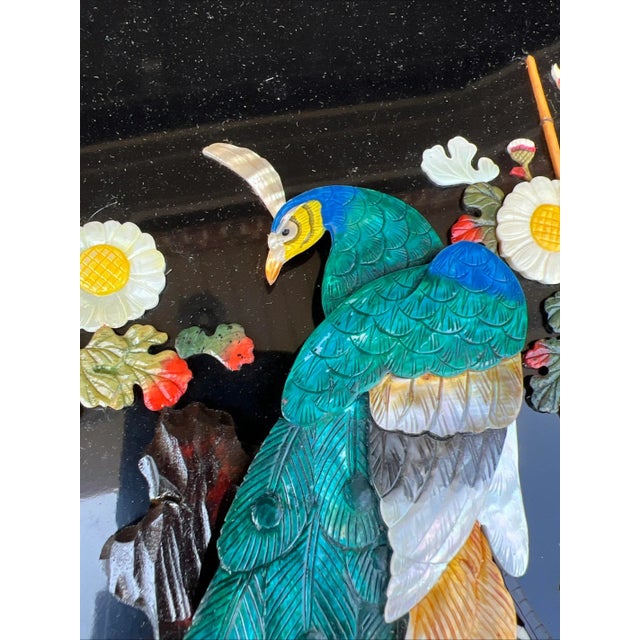 Vintage Chinese Carved Shell and Lacquer Peacock WallHang Artwork, Circa 1950’s For Sale - Image 13 of 18