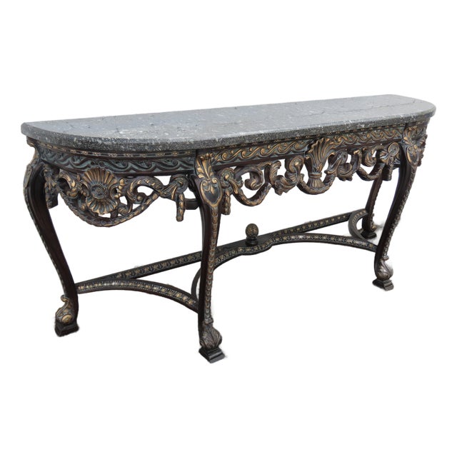 French Painted Black Heavy Carved Marble Top Large Long Console Entry Table 6381 For Sale