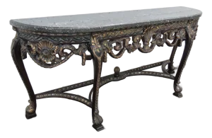 French Painted Black Heavy Carved Marble Top Large Long Console Entry Table 6381