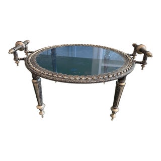 Vintage Moroccan Chased Silver-Tone Footed Tray Table With Glass Top & Turned Finial Legs For Sale