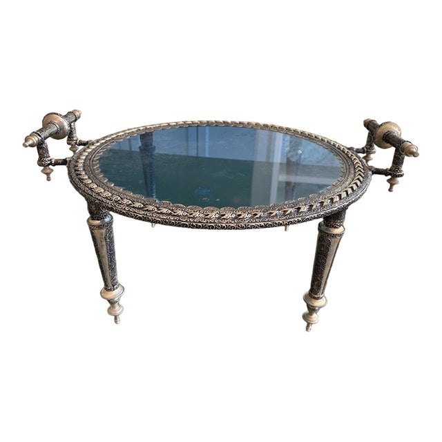 Vintage Moroccan Chased Silver-Tone Footed Tray Table With Glass Top & Turned Finial Legs For Sale