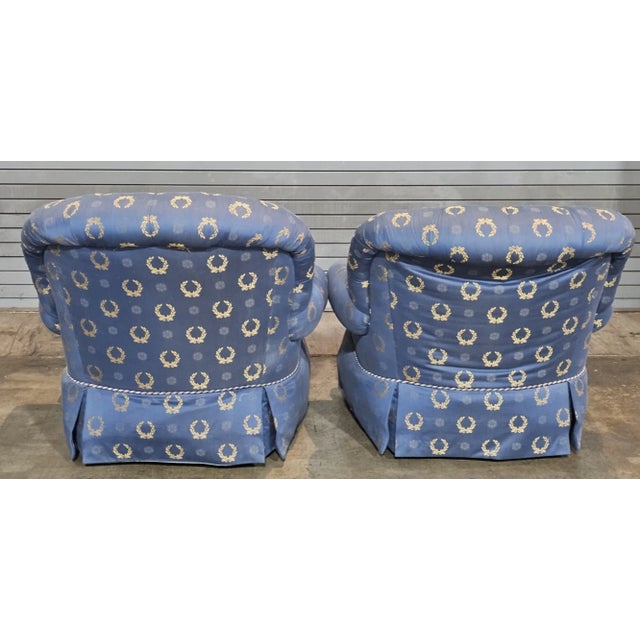 Late 20th Century Pair of Charles Stewart Club Chairs Prussian Blue Napoleonic Tufted Fabric For Sale - Image 9 of 12