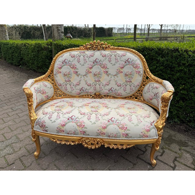 1970 French Louis XVI Gold Beech Damask Settee 1pc For Sale - Image 12 of 12