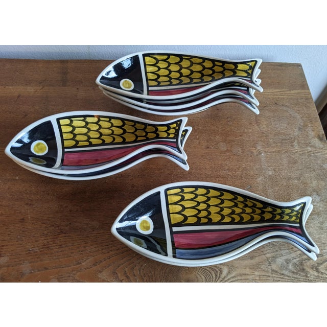Vintage Color Blocked Swiss Ceramic Fish Snack Plates or Wall Art - Set of 7, Made in Switzerland For Sale - Image 11 of 12