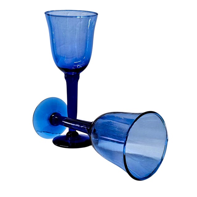 Late 20th Century Mexican Handblown Cobalt Blue Stem Glasses, Set of 9 For Sale - Image 4 of 13