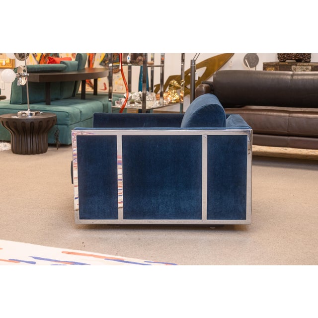 Milo Baughman Pair of Milo Baughman Blue Velvet and Flat Bar Chrome Cube Club Chairs For Sale - Image 4 of 10