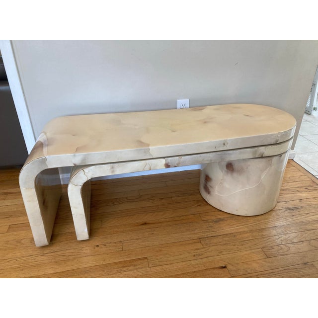1970s Waterfall Style Folding Swivel Goatskin Mosaic Coffee Table Manner of Karl Springer For Sale - Image 6 of 12