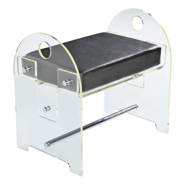 Acrylic Glass Vanity Stool Bench with New Faux Snakeskin Upholstery, 1970 For Sale