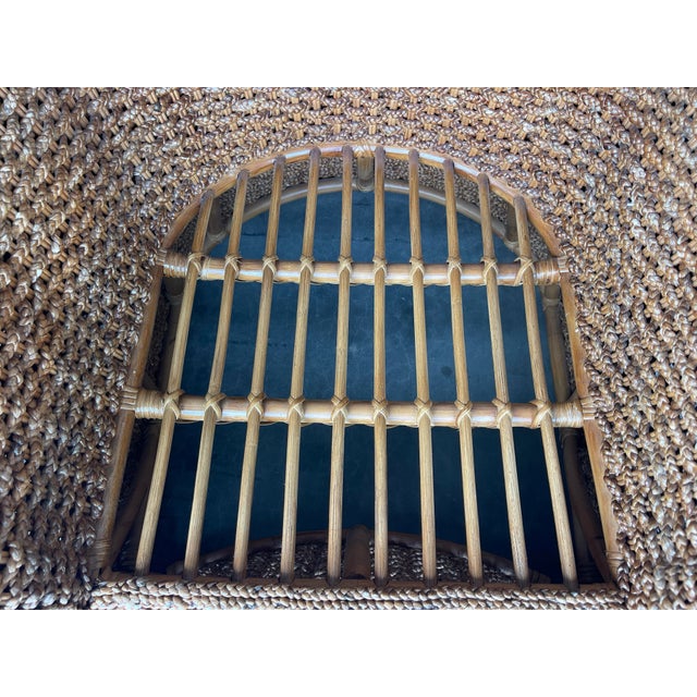 Brown Vintage Sculptural Braided Rattan Lounge Armchairs in Tropical Upholstery, Pair For Sale - Image 8 of 12