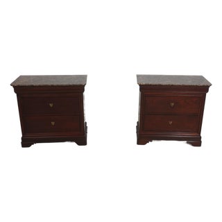 Pair Stickley Marble Top Empire Cherry Nightstands For Sale