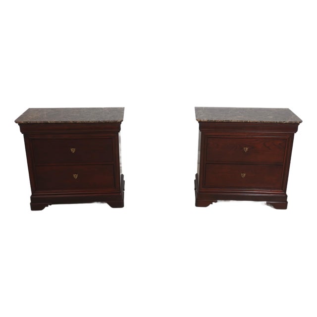 Pair Stickley Marble Top Empire Cherry Nightstands For Sale