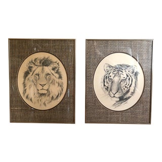 1970s Vintage Linda Picken Lion and Tiger Framed Prints - a Pair For Sale