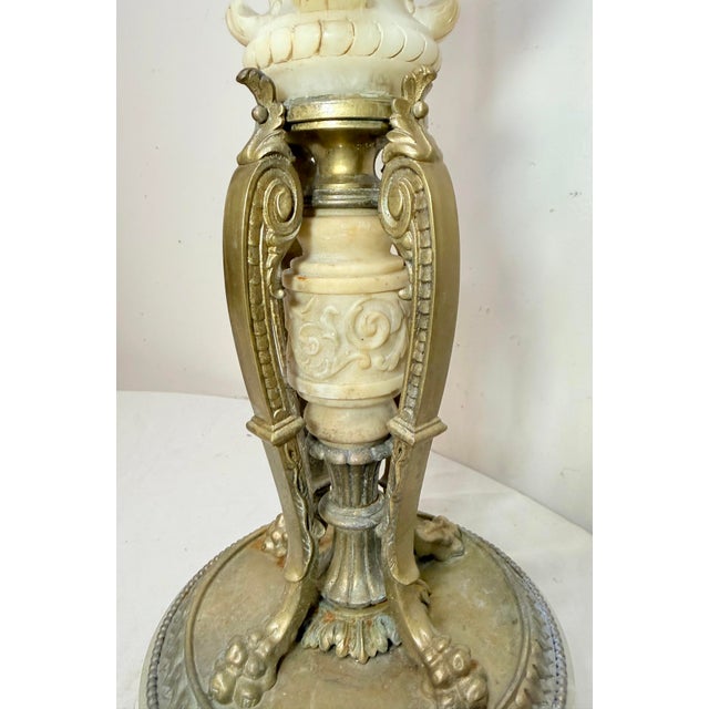 1920s Large Antique Ornate Hand Carved Figural Alabaster Cast Iron Electric Table Lamp For Sale - Image 5 of 13