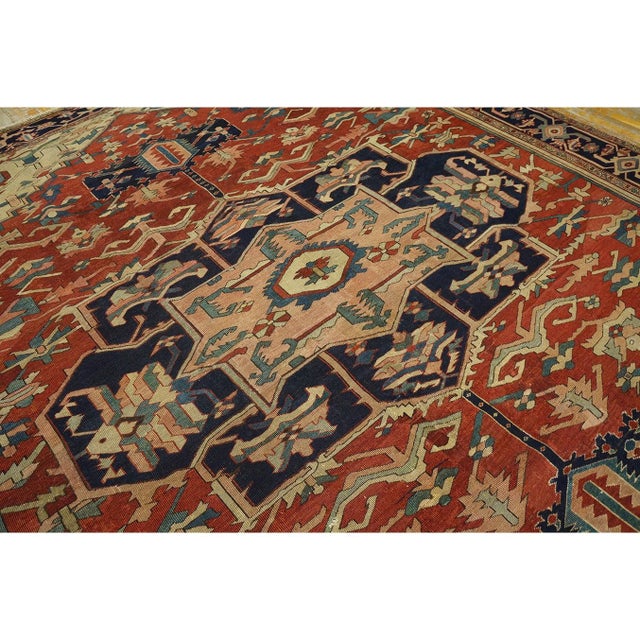 Textile 1880s Square Antique Red Geometric Anchor Medallion Persian Serapi Rug For Sale - Image 7 of 9