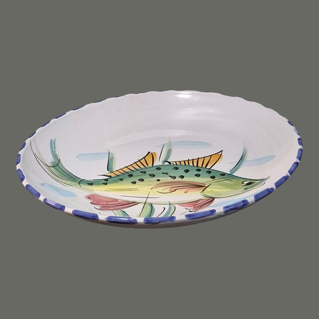 Blue Vintage Coastal Vietri Italy Hand Painted Fish Large Platter 15'' Diameter For Sale - Image 8 of 11