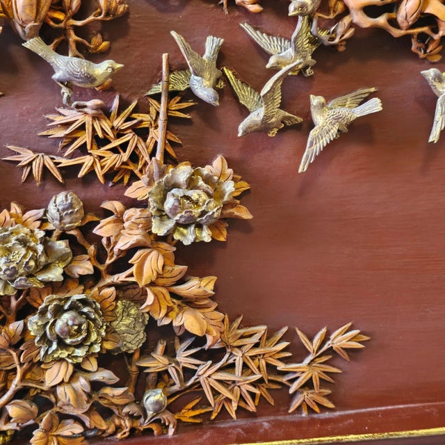 Brown Antique Chinese Japanese Relief Carved Wood Lacquer Panel Birds Prunus Tree Wall For Sale - Image 8 of 11