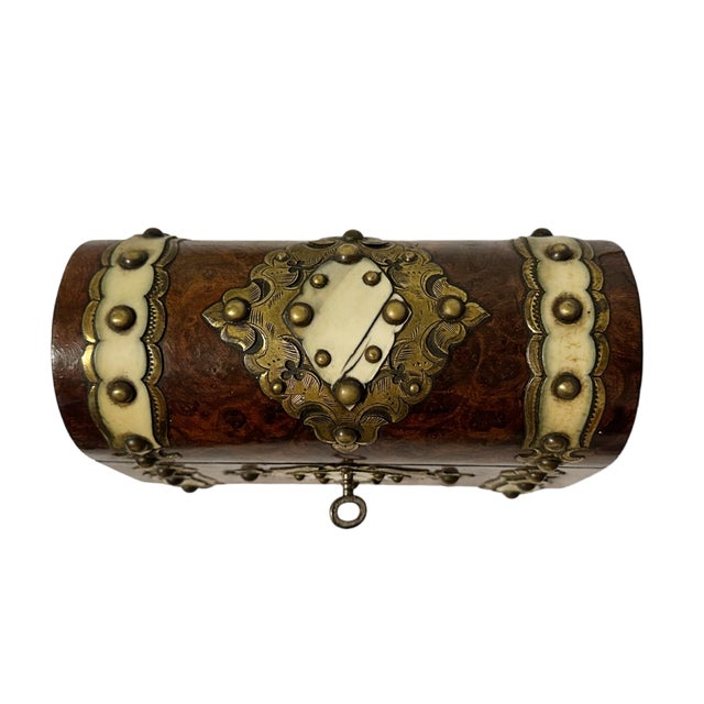 Antique Victorian Domed English Burr Walnut Wood & Bone Tea Caddy Box w/Key Exquisite hand crafted late 19th century...