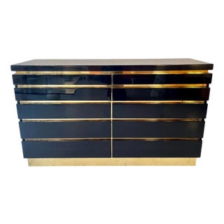 Vintage Blue Lacquered Wood and Brass Chest of Drawers by Jean Claude Mahey for Maison Roméo, 1970s For Sale