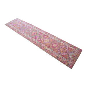 1970s Runner Turkish Hand-Knotted Rug Pink Hallway Decor