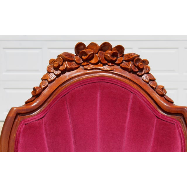 Vintage Victorian Revival Mahogany His & Hers Parlor Chairs Red Velvet Pair For Sale - Image 11 of 18