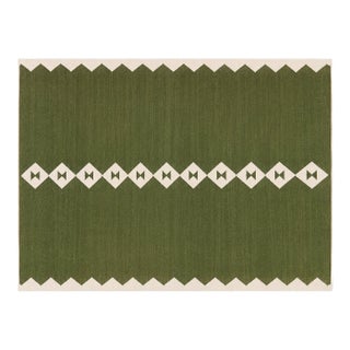 Handmade New Zealand Wool Dhurrie, Olive Green and White Diamond Rug- 4'x6' For Sale