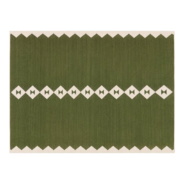 Handmade New Zealand Wool Dhurrie, Olive Green and White Diamond Rug- 4'x6' For Sale