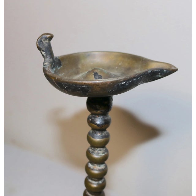 Rare Antique 18th Century 1700's Hand Turned Brass Indian Oil Lamp Stand Figural For Sale - Image 4 of 12