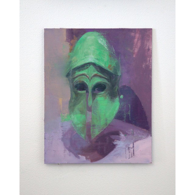 This oil on panel artwork features a striking green helmet, evoking a sense of ancient history and warrior spirit. The...