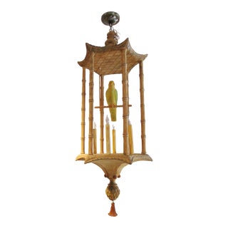 1970s Large Hand Carved Wood Bird Cage Chandelier/Lantern With Parrot on Swing For Sale