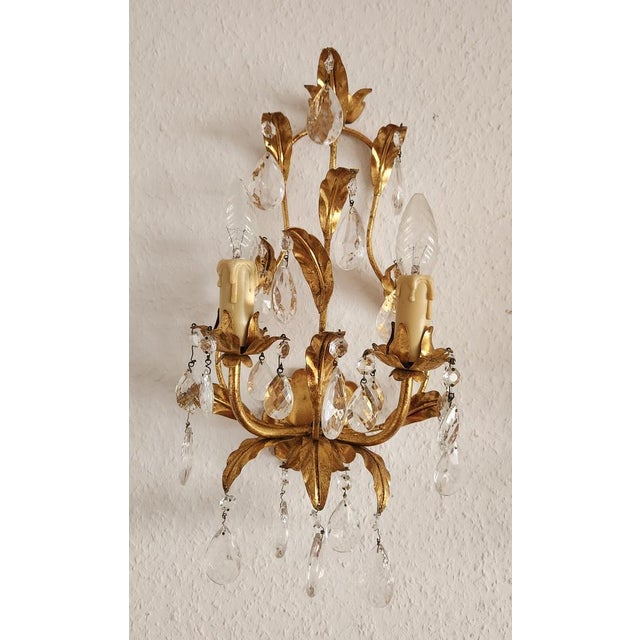 Hollywood Regency Hand-Forged Gold Leaf Gilded Floral 2-Light Wall Lamp with Crystals, 1950s For Sale - Image 15 of 18