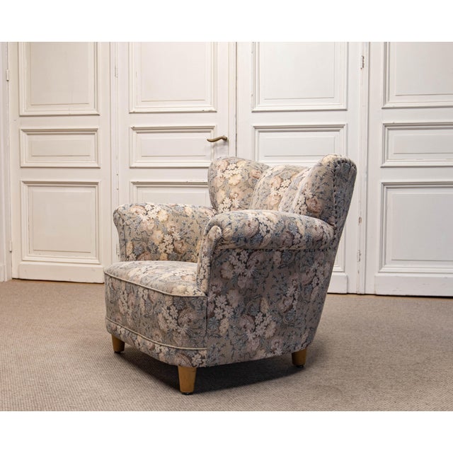 Vintage Danish Wingback Chair with Jacquard Fabric, 1940s For Sale - Image 4 of 13