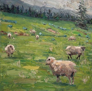 Sheepish by Clyde Steadman | Oil Painting of sheep grazing in a green field