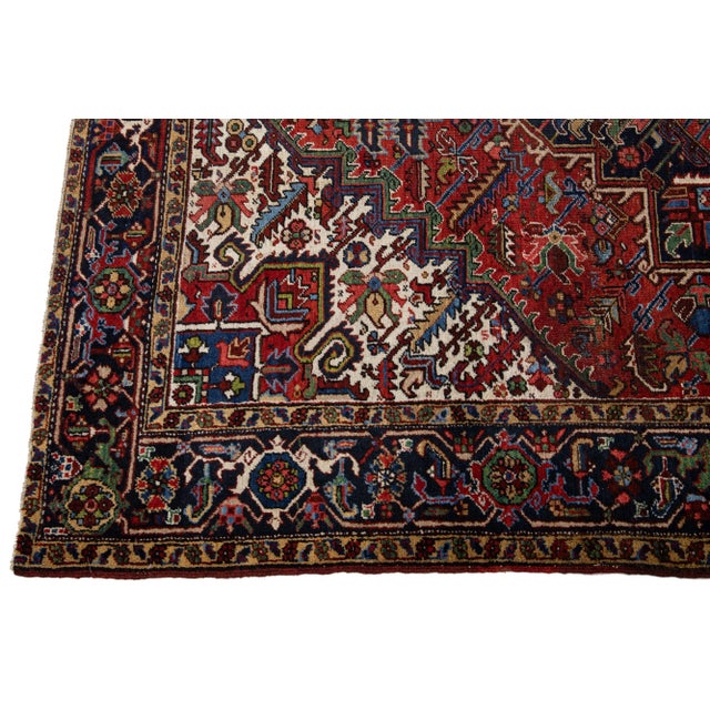 Red Antique Persian Heriz Handmade Wool Rug With Medallion Motif For Sale - Image 4 of 13