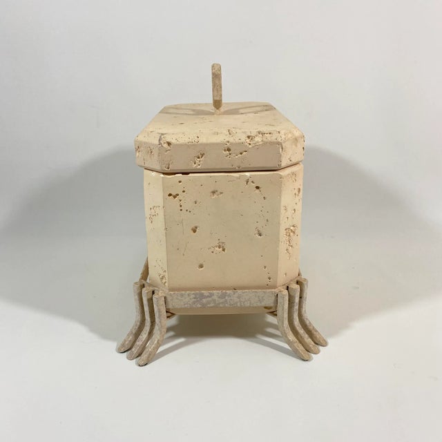 Postmodern Postmodern Faux Travertine Ceramic Box With Metal Stand and Handle For Sale - Image 3 of 13