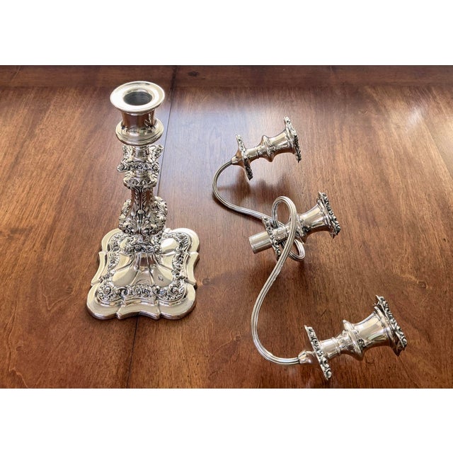 Early 20th Century Pair Barker Ellis English Silver Plate Convertible Candelabra 3 Light Candlesticks Vintage For Sale - Image 5 of 9