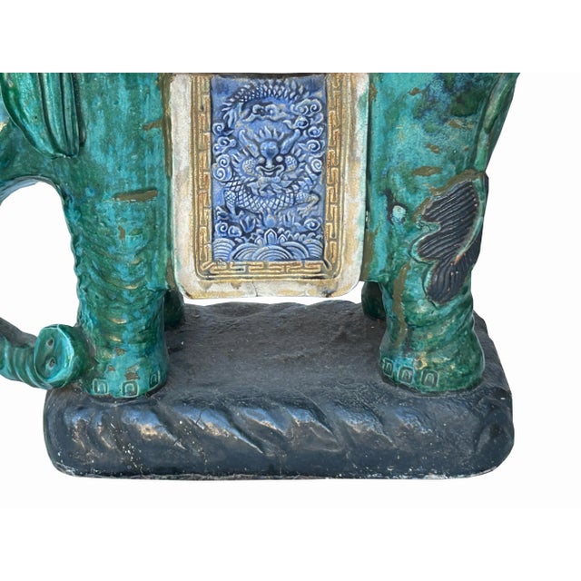 Blue Ceramic Handmade Chinese Green Blue Oriental Elephant Pedestal Figure For Sale - Image 8 of 8