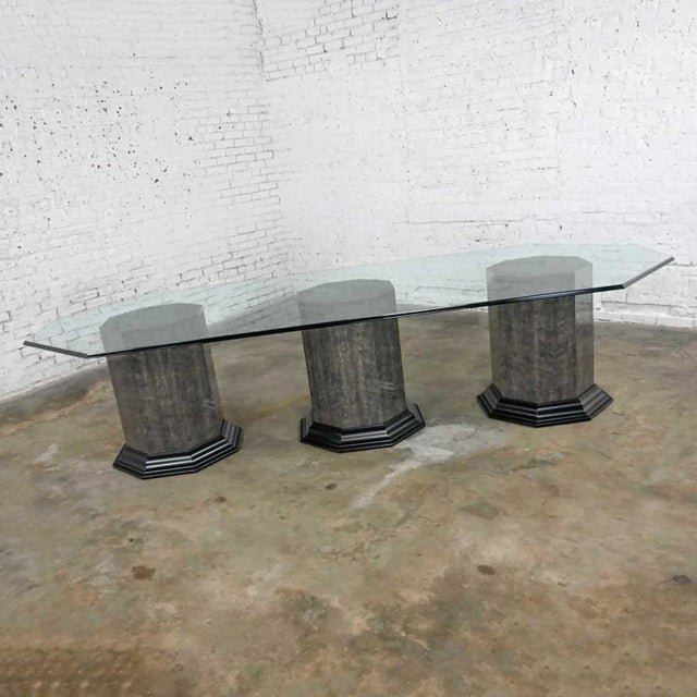 Black Greek Revival Dining Table Triple Pedestal Base & Elongated Octagon Glass Top Attributed to Bernhardt For Sale - Image 8 of 13