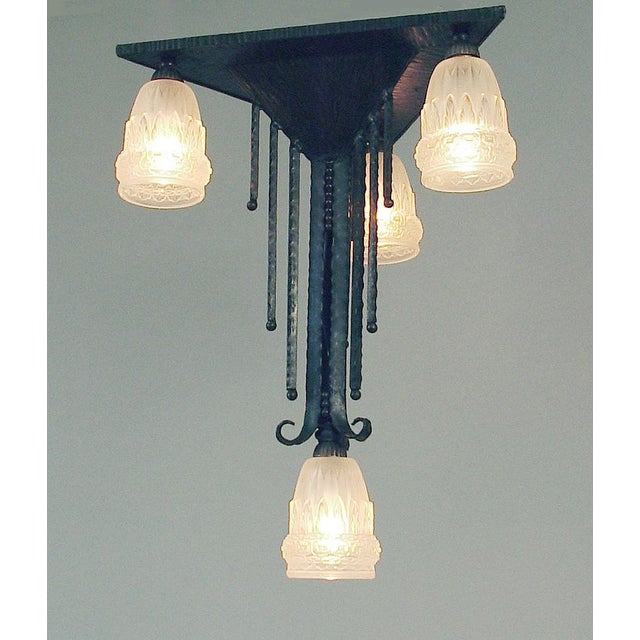 Art Deco 1920s French Art Deco Wrought Iron Triangular Bombshell Flush Mount Chandelier, 4 Schneider Shades For Sale - Image 3 of 9