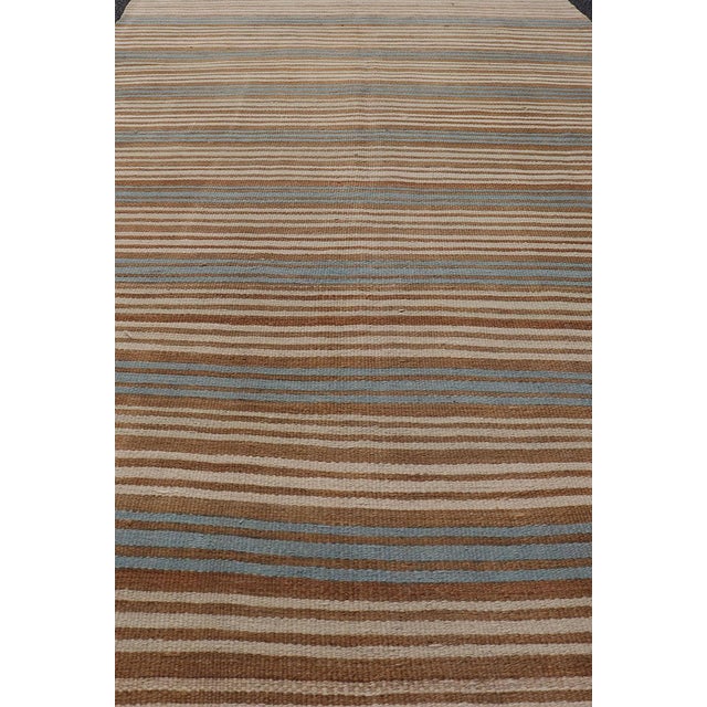 Mid 20th Century Vintage Hand Woven Turkish Kilim With Stripes in Brown, Cream and Light Blue For Sale - Image 5 of 10