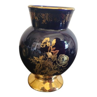 Limoges Cobalt Blue Vase With Gold Leaf For Sale